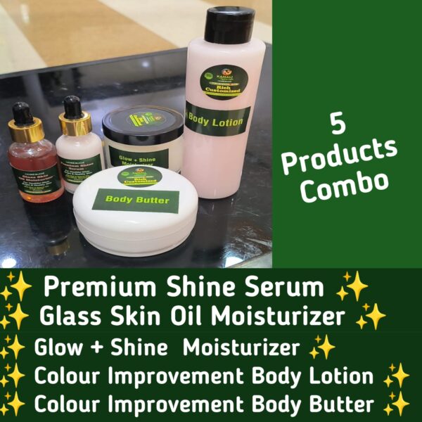 Rich Customized Premium Shine Serum 30ml + Glass Skin Oil Moisturizer 30ml + Glow Shine Moisturizer + Colour Improvement Body Lotion and Body Butter (5Products)